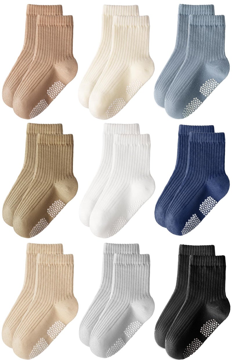 HONGTEYA 9 Pairs Toddler Boys Socks, Baby Non Slip Socks for Infant Cotton Sock with Grippers 0-5 Years (US, Age, 0 Months, 12 Months, Mix color) - Image 1