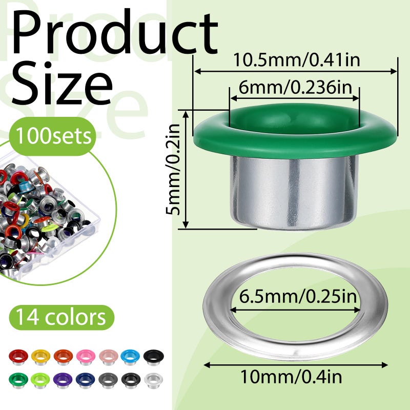 Tweruna 100 Set Metal Eyelets and Grommets, Metal Eyelets for Paper Crafts, 6mm Multi-Color Grommets Kit with Storage Box for DIY Shoes, Clothes, Crafts, Bag, Paper Crafting, Leather - Image 2