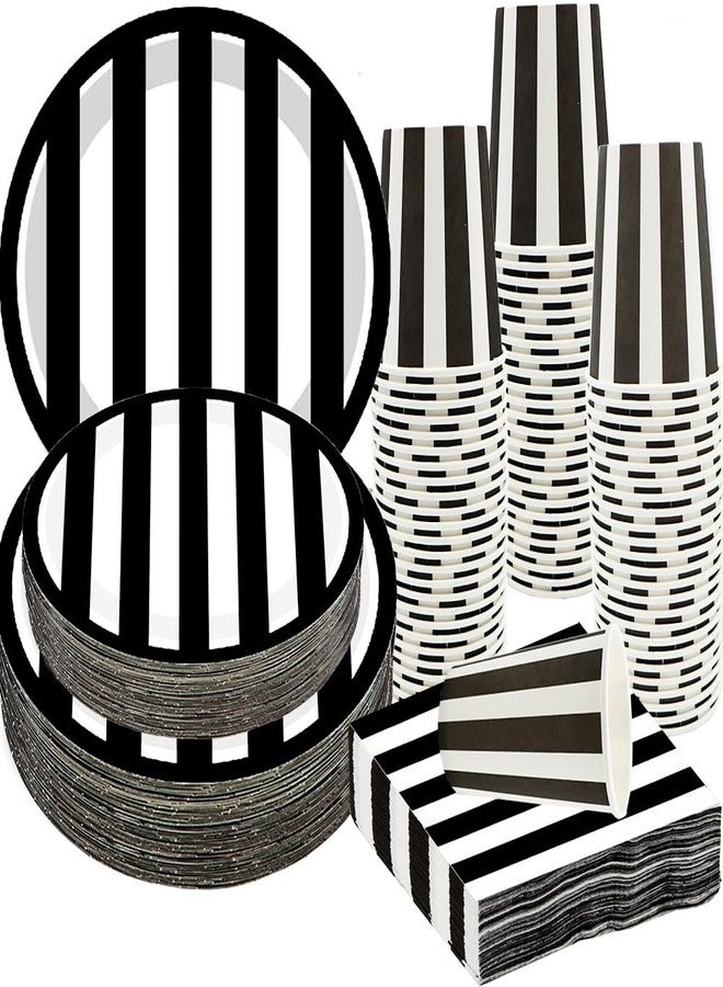 HSPAIDYP 100Pcs Black and White Striped Party Supplies Black and White Tableware Set 9"& 7"Black and White Paper Plates Napkins Cups for Baby Shower Black and White Birthday Decoration Serve25 - Image 1