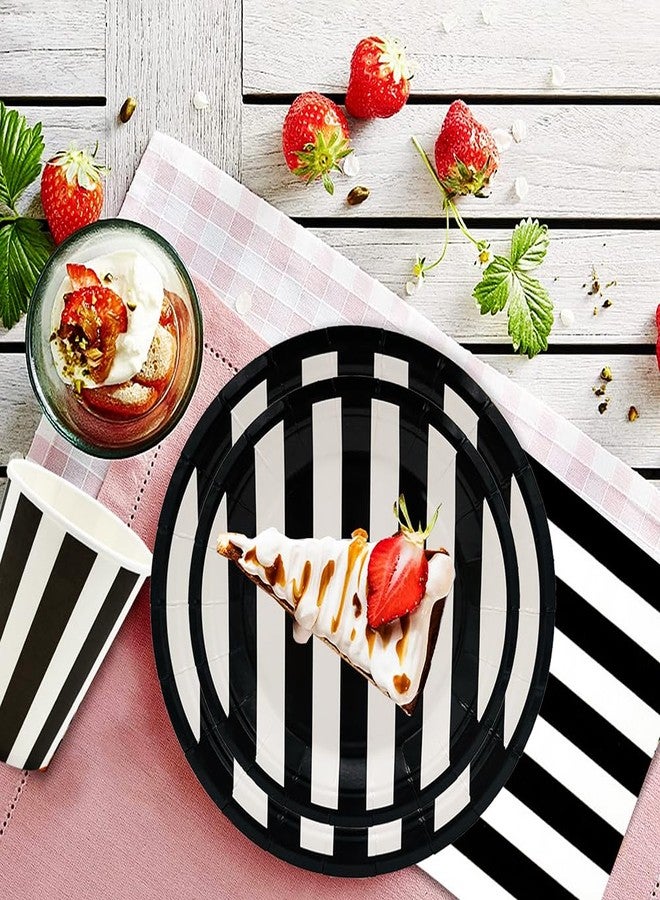 HSPAIDYP 100Pcs Black and White Striped Party Supplies Black and White Tableware Set 9"& 7"Black and White Paper Plates Napkins Cups for Baby Shower Black and White Birthday Decoration Serve25 - Image 3