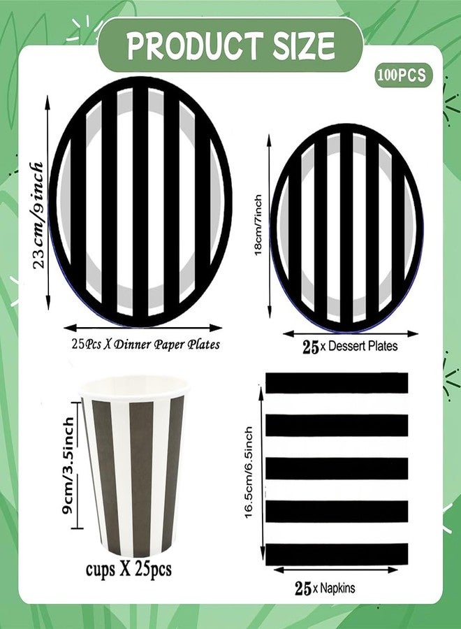 HSPAIDYP 100Pcs Black and White Striped Party Supplies Black and White Tableware Set 9"& 7"Black and White Paper Plates Napkins Cups for Baby Shower Black and White Birthday Decoration Serve25 - Image 4