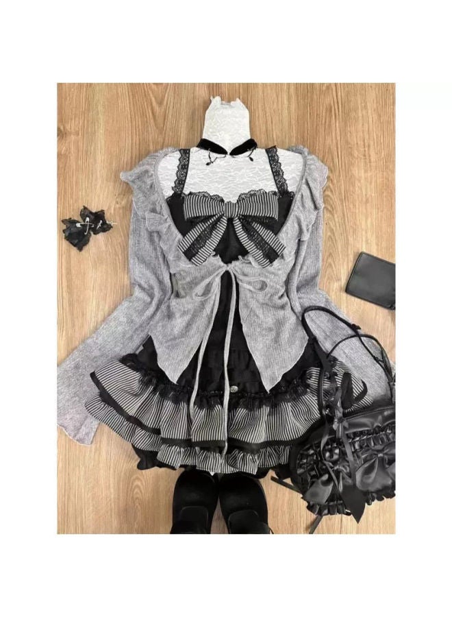 Sweet College Suit Lace Lotus Leaf Cardigan Slimming Cake Stitching Strap Skirt Three-Piece Set 