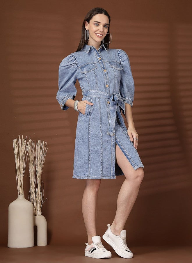 PlusS فستان قميص للنساء باللون الأزرق - Image 4