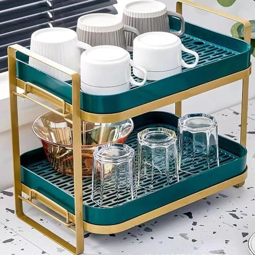 Ndola Plastic, Metal 2-Tier Cup Drying Rack, Kitchen Countertop Storage Rack, Bottle Drying Rack with Drain Pan, Fruit Storage Rack (1), 22 x 32 x 27 Cm, Green - Image 1