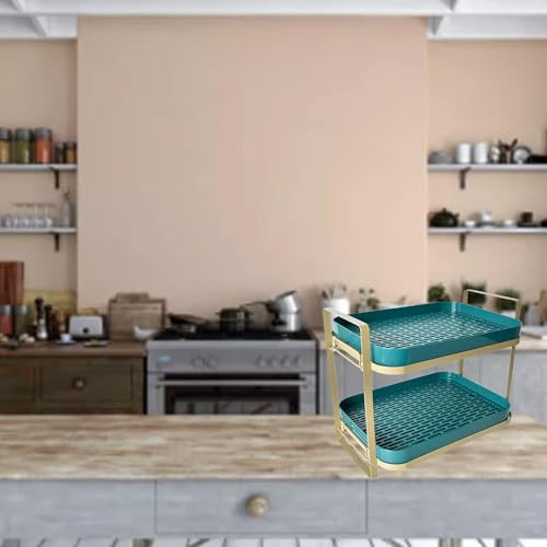 Ndola Plastic, Metal 2-Tier Cup Drying Rack, Kitchen Countertop Storage Rack, Bottle Drying Rack with Drain Pan, Fruit Storage Rack (1), 22 x 32 x 27 Cm, Green - Image 2