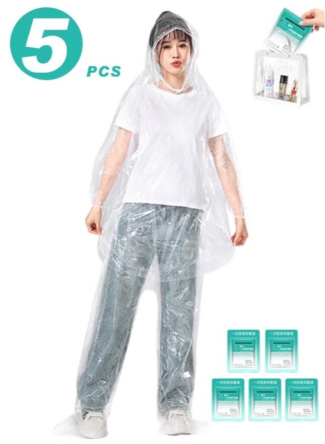 يا إلهي 5 قطع من البونشو المطر للبالغين البلاستيك القابل للتصرف ، معطف المطر ومجموعة بنطلون المطر ، معطف المطر البونشو المطر مع غطاءات السحب البونشو الطارئة القابلة للتصرف مثالية للتخييم السفر لمسافات طويلة - Image 1