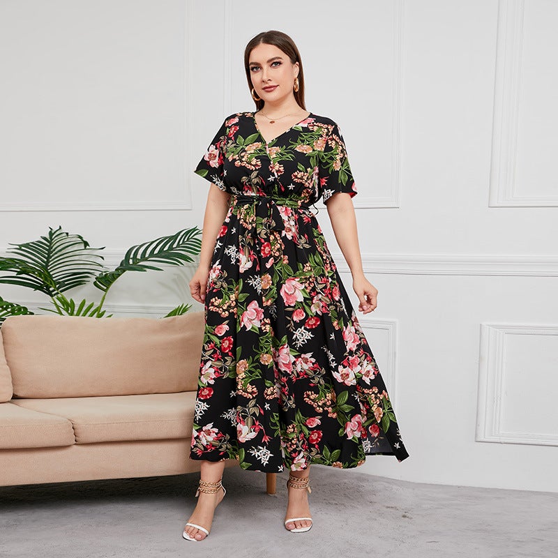2025 Cross-border New French Elegant Elegant plus size dress Line-drawing Floral V-neck Short-sleeved Waisted Long Dress Black - Image 1