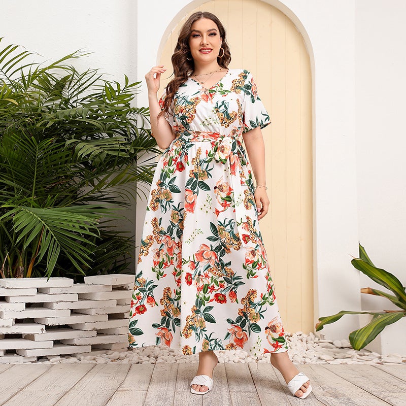 2025 Cross-border New French Elegant Elegant plus size dress Line-drawing Floral V-neck Short-sleeved Waisted Long Dress Black - Image 2