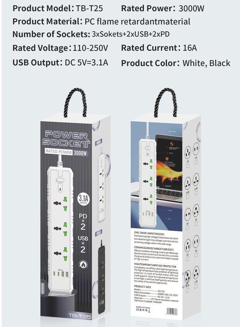 GULFLINK Power Extension Cord 2 Meter Cable With 3 Power Socket 2 USB 2 PD Power Strip White - Image 2