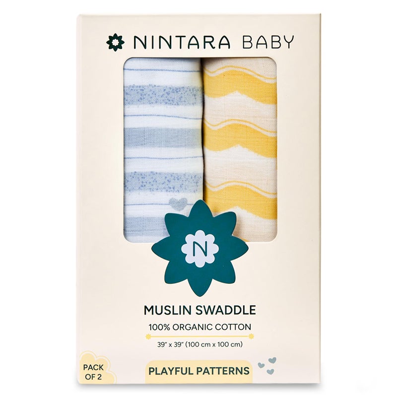 NINTARABABY Nintara Baby Swaddle - 100% Organic Premium Muslin Cotton, 39" x 39" (100 cm x 100 cm), Ultra-Soft, Breathable & Lightweight, Multipurpose, Unisex, Hypoallergenic, Gifts for Newborn Babies, Pack of 2 - Image 1