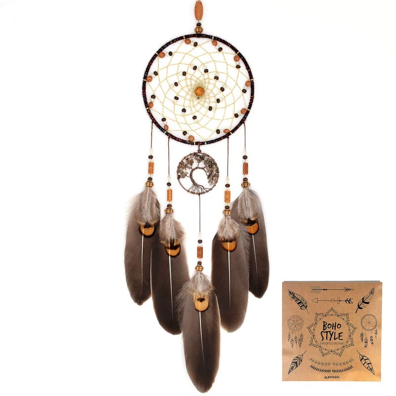 Urdeoms Tree of Life Crystal Dream Catchers for Boys Brown Boho Dream Catcher Wall Decor for Bedroom Adult Smoky Quartz Hanging Decor for Dorm Living RoomNO10