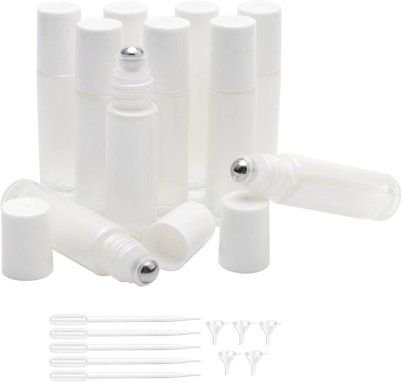Roller Bottles, Glass Essential Oil Roller Bottles, 10ml/0.34Oz White Color with Opener, 5 Funnels and 5 Droppers, Pack of 10