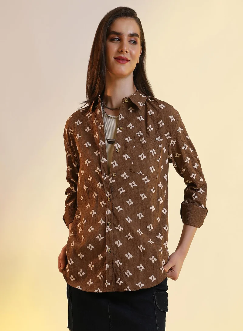 بينيا كولادا قميص واسع بنقوش زهور بياقة عادية وأكمام طويلة للنساء والفتيات