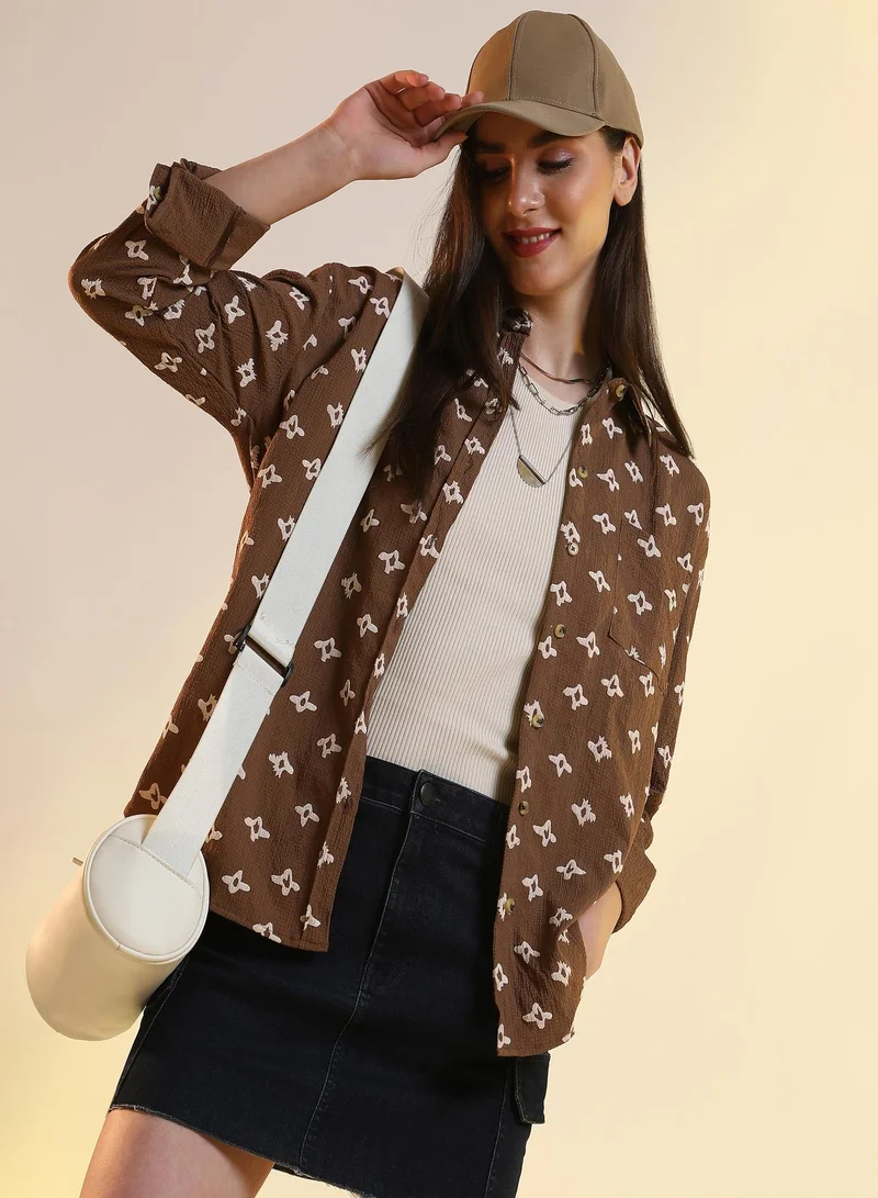 Women's Chocolate Brown Floral-Tactile Oversized Shirt | نسائي | طوق منتشر | أكمام طويلة | مطبوع | كاجوال ويومي | قميص واسع