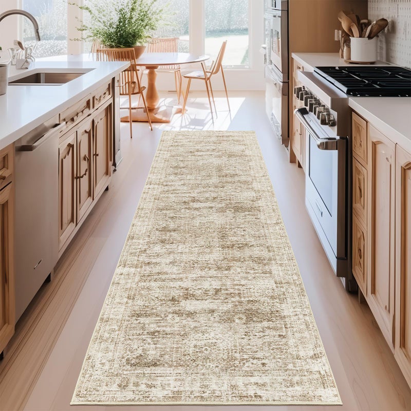 Restydon Kitchen Runner Rug Non Slip - 2.5 x 8 Runners for Hallways, Entryway, Bedroom, Washable Runner Rugs for Bathroom, Laundry Room, Low Pile Soft Vintage Area Rug(2.5'x8', Brown/Ivory) - Image 1