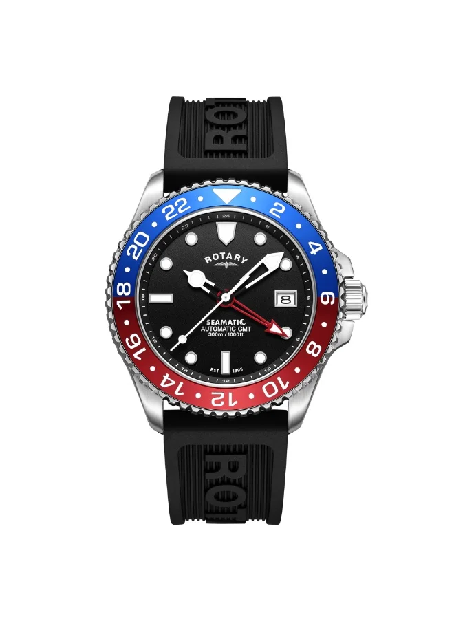 روتاري ساعة رجالية روتاري Seamatic GMT 300M مقاومة للماء من الفولاذ المقاوم للصدأ بحزام سيليكون أسود