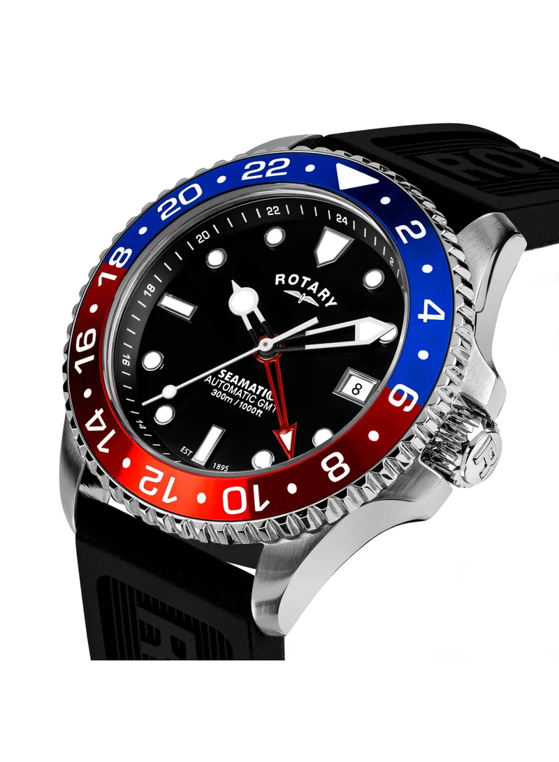 روتاري ساعة رجالية روتاري Seamatic GMT 300M مقاومة للماء من الفولاذ المقاوم للصدأ بحزام سيليكون أسود