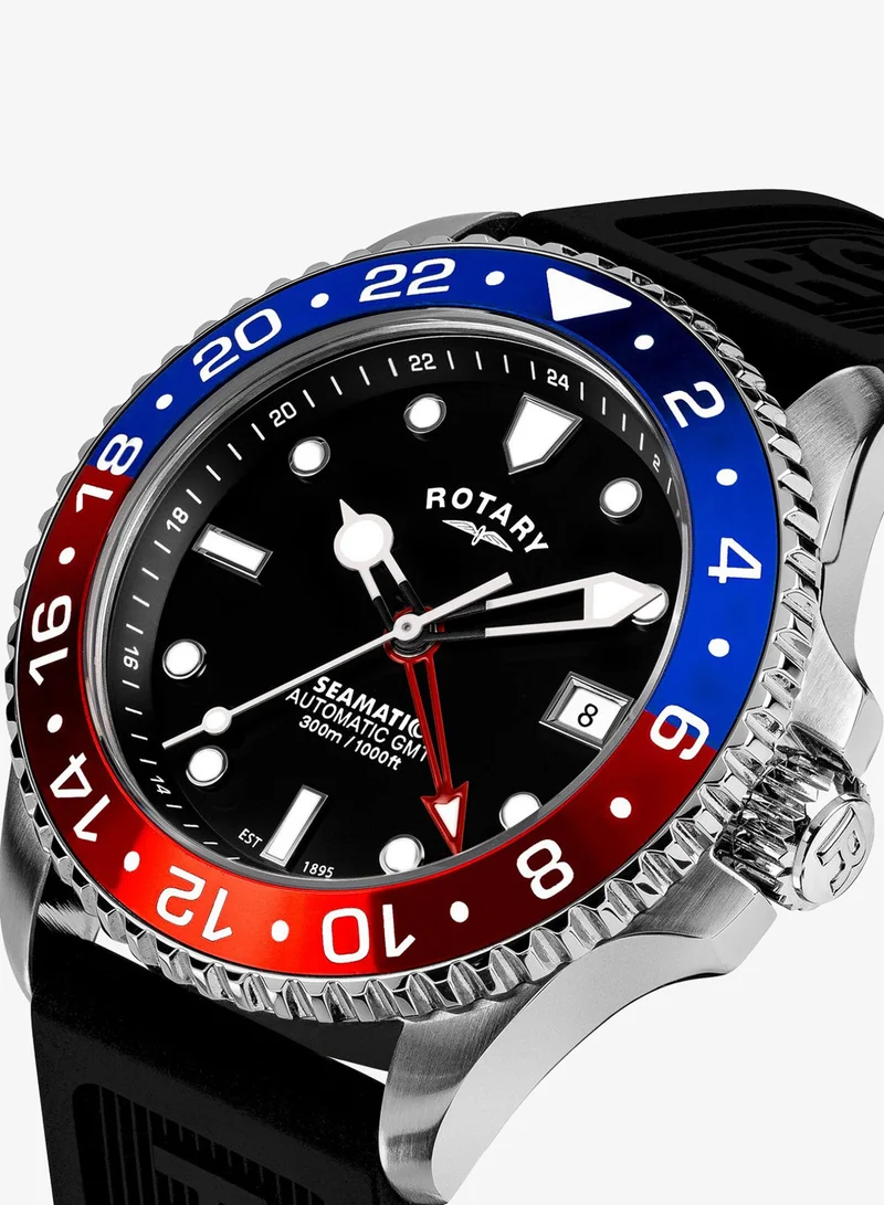 روتاري ساعة رجالية روتاري Seamatic GMT 300M مقاومة للماء من الفولاذ المقاوم للصدأ بحزام سيليكون أسود