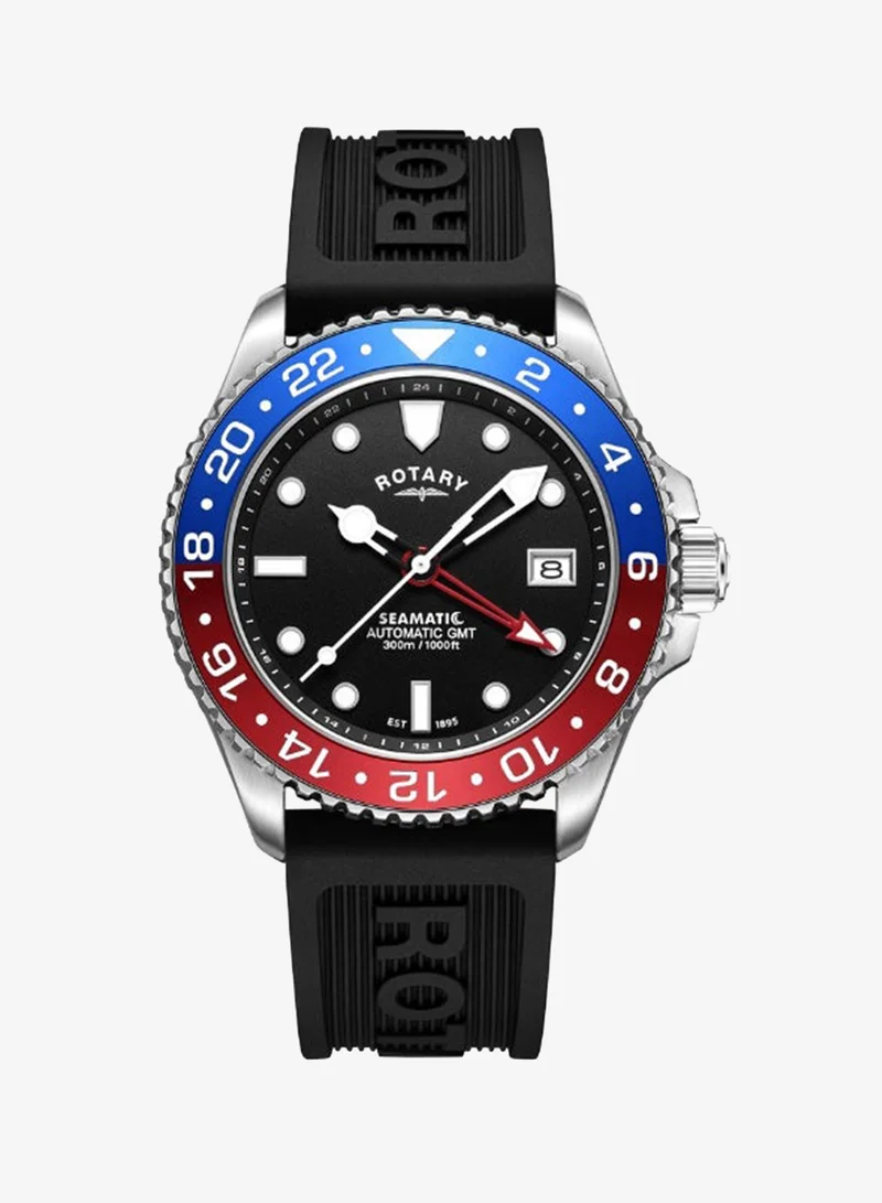 روتاري ساعة رجالية روتاري Seamatic GMT 300M مقاومة للماء من الفولاذ المقاوم للصدأ بحزام سيليكون أسود