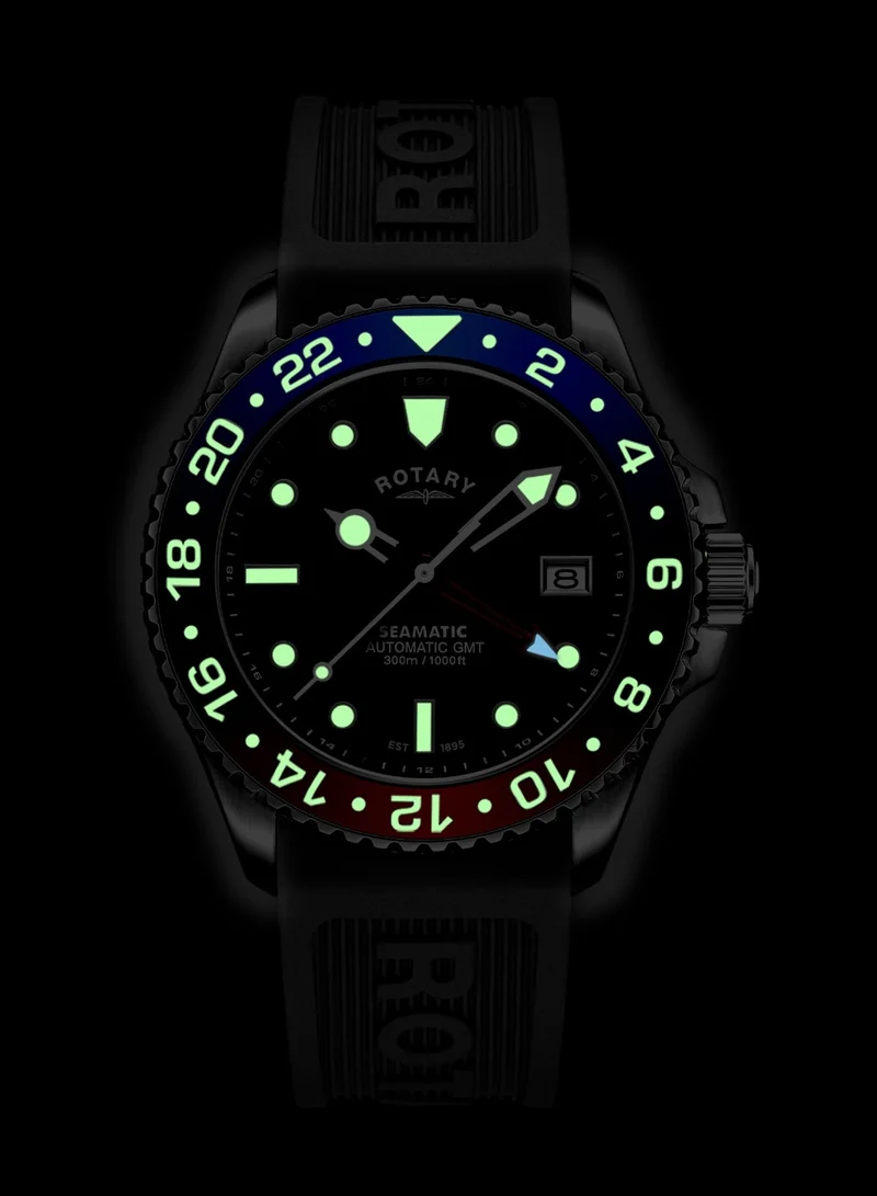 Rotary  Men's Seamatic 300 GMT Automatic Watch, 42 mm, Black Dial, Black Silicone Strap for Men | Best Price UAE