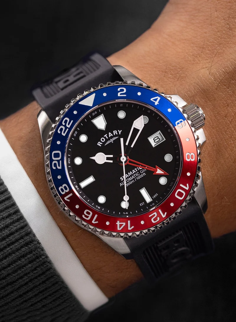 Rotary  Men's Seamatic 300 GMT Automatic Watch, 42 mm, Black Dial, Black Silicone Strap for Men | Best Price UAE