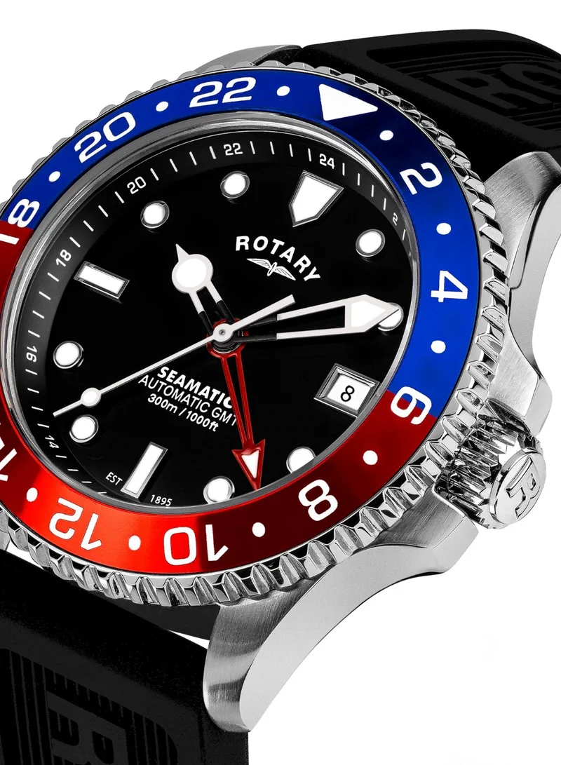 Rotary Men's Seamatic 300 GMT Automatic Watch, 42 mm, Black Dial, Black Silicone Strap