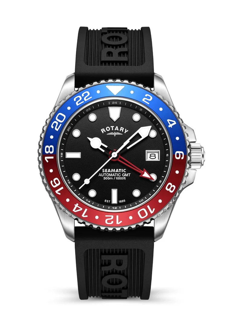 Rotary Men's Seamatic 300 GMT Automatic Watch, 42 mm, Black Dial, Black Silicone Strap
