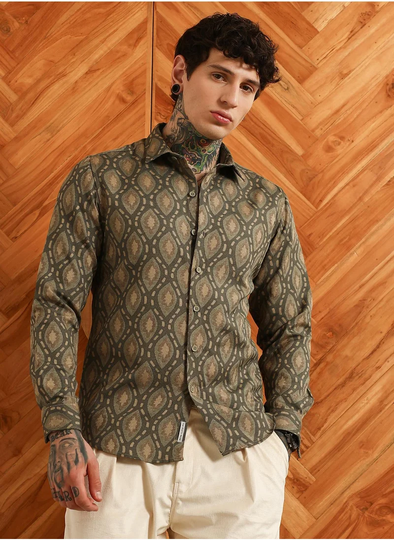 كامبوس سوترا Men's Olive Green Geometric Patterned Cotton Blend Full Sleeve Shirt