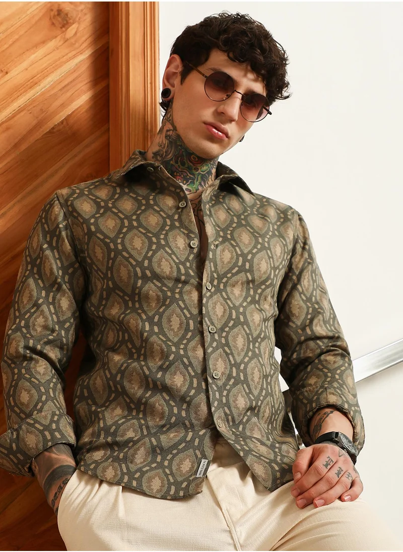 كامبوس سوترا Men's Olive Green Geometric Patterned Cotton Blend Full Sleeve Shirt
