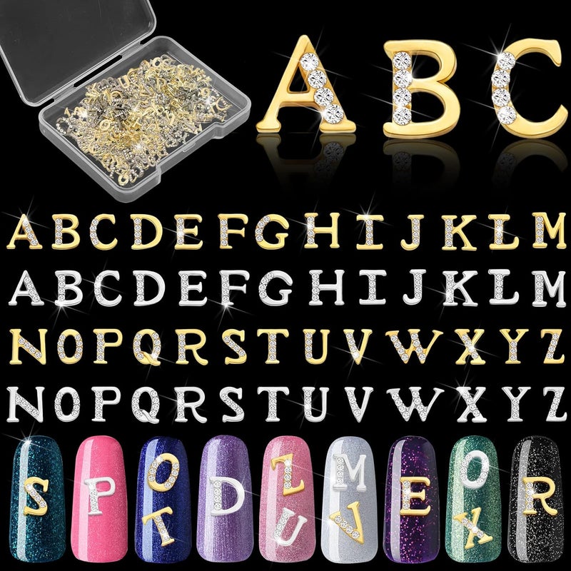 Leelosp 52 Pieces Letters Nail Charms Gold and Sliver Rhinestone Letter Charms 3D Capital Letters Nail Studs Alphabet Nail Decoration for Women Nail Art Accessories Salon (Elegant Style) 