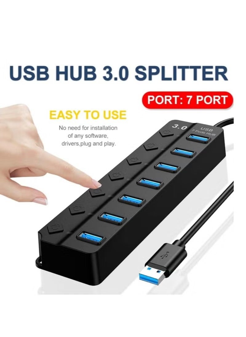 يو إس بي موزع USB 3.0 بسبع منافذ مع مفاتيح طاقة فردية وأضواء، موزع بيانات عالي السرعة قابل للحمل لتوسيع منافذ USB للكمبيوتر المحمول والمزيد (بدون محول طاقة) - Image 4