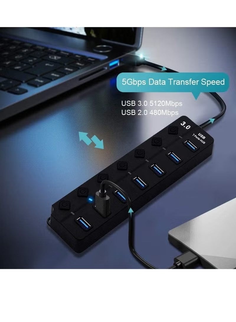 يو إس بي موزع USB 3.0 بسبع منافذ مع مفاتيح طاقة فردية وأضواء، موزع بيانات عالي السرعة قابل للحمل لتوسيع منافذ USB للكمبيوتر المحمول والمزيد (بدون محول طاقة) - Image 5