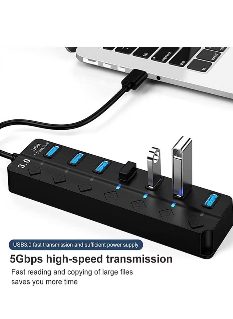 يو إس بي موزع USB 3.0 بسبع منافذ مع مفاتيح طاقة فردية وأضواء، موزع بيانات عالي السرعة قابل للحمل لتوسيع منافذ USB للكمبيوتر المحمول والمزيد (بدون محول طاقة) - Image 2
