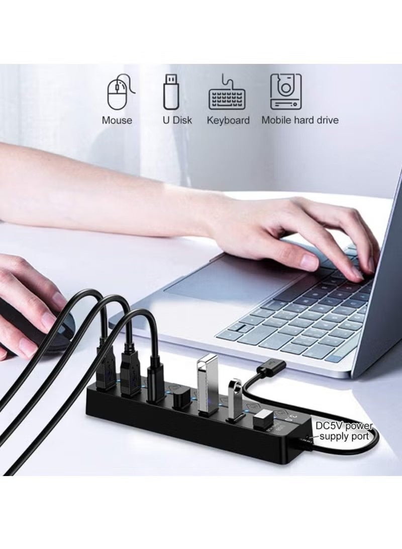 يو إس بي موزع USB 3.0 بسبع منافذ مع مفاتيح طاقة فردية وأضواء، موزع بيانات عالي السرعة قابل للحمل لتوسيع منافذ USB للكمبيوتر المحمول والمزيد (بدون محول طاقة) - Image 3