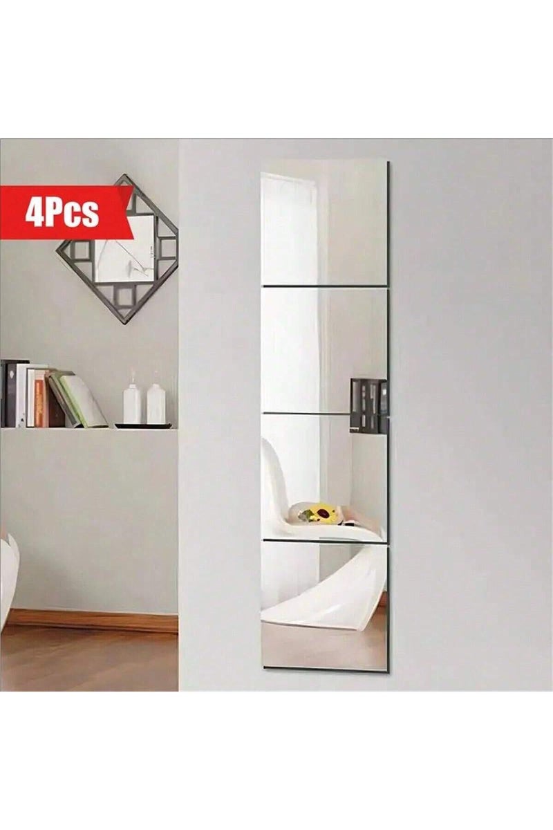 4pcs 20cm Silver 4pcs Self-Adhesive Acrylic Mirror Wall Stickers - Flexible, Non-Glass Decorative Ti