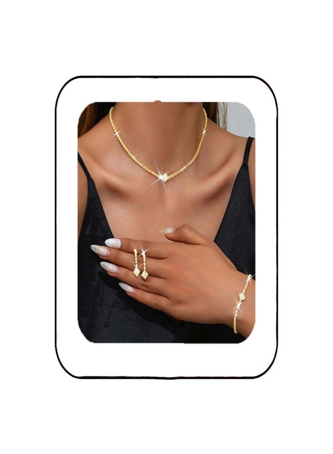 Unicra Gold Bridal Wedding Jewelry Set Sparkly Rhinestone Necklace Earrings Bracelet Sets Formal Costume Jewelry for Women and Brides (A Gold-3 Pack Necklace Bracelet Earrings) - Image 1