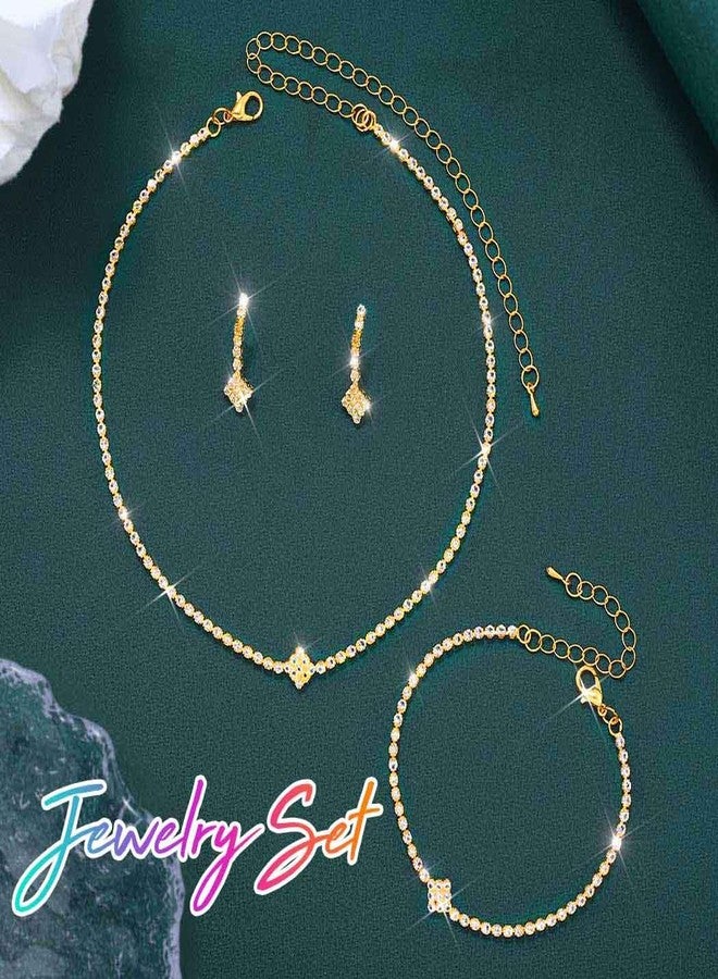 Unicra Gold Bridal Wedding Jewelry Set Sparkly Rhinestone Necklace Earrings Bracelet Sets Formal Costume Jewelry for Women and Brides (A Gold-3 Pack Necklace Bracelet Earrings) - Image 2