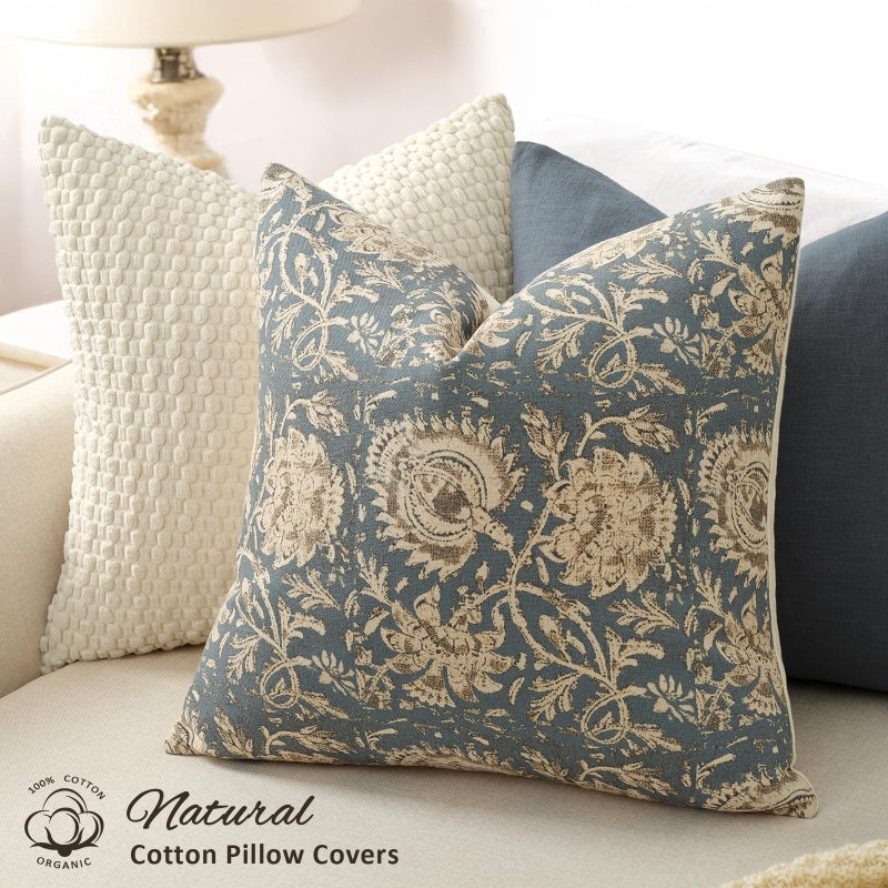 DKwizme Vintage Floral Print Throw Pillow Covers 22x22 Set of 2 Neutral Modern Farmhouse Accent Decorative Cushion Covers Boho Home Decor for Couch Sofa Chair Bed Living Room, Dusty Blue - Image 2