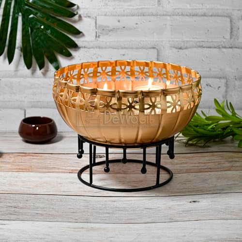 DeWoGift Decorative Urli Bowl for Home Decor with Stand | Floating Flower Bowl with Tealight & Diya | Brass Finish Urli for Diwali, Pooja, Festival Decoration, Centerpiece Bowl - Image 1