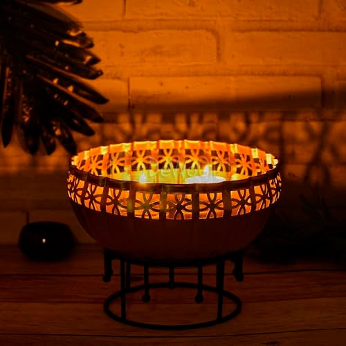 DeWoGift Decorative Urli Bowl for Home Decor with Stand | Floating Flower Bowl with Tealight & Diya | Brass Finish Urli for Diwali, Pooja, Festival Decoration, Centerpiece Bowl - Image 3