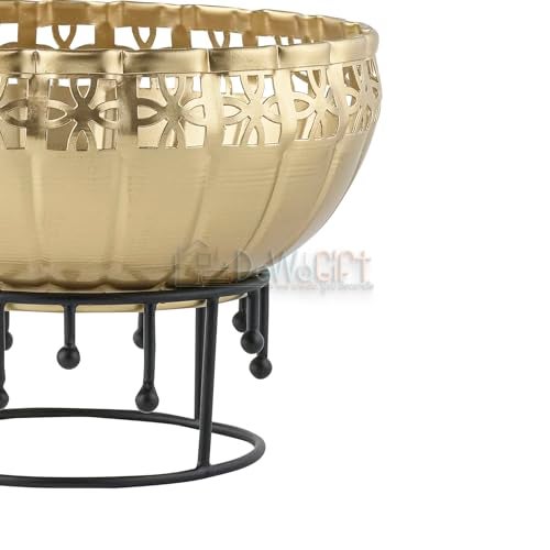 DeWoGift Decorative Urli Bowl for Home Decor with Stand | Floating Flower Bowl with Tealight & Diya | Brass Finish Urli for Diwali, Pooja, Festival Decoration, Centerpiece Bowl - Image 5