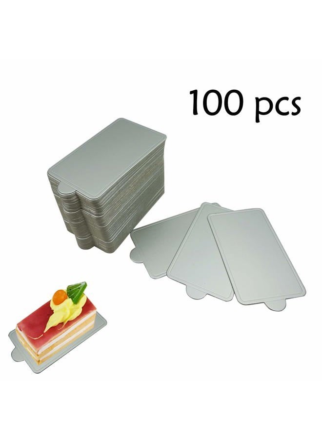 Proshopping 100 pcs 4.25"x2.36" Mini Cake Boards, Rectangular Silver Mousse Cake Cardboard Set, Cupcake Cake Base, Dessert Displays Tray, Disposable Paper Coasters - for Wedding Party Cake Pastry Cup - Image 3