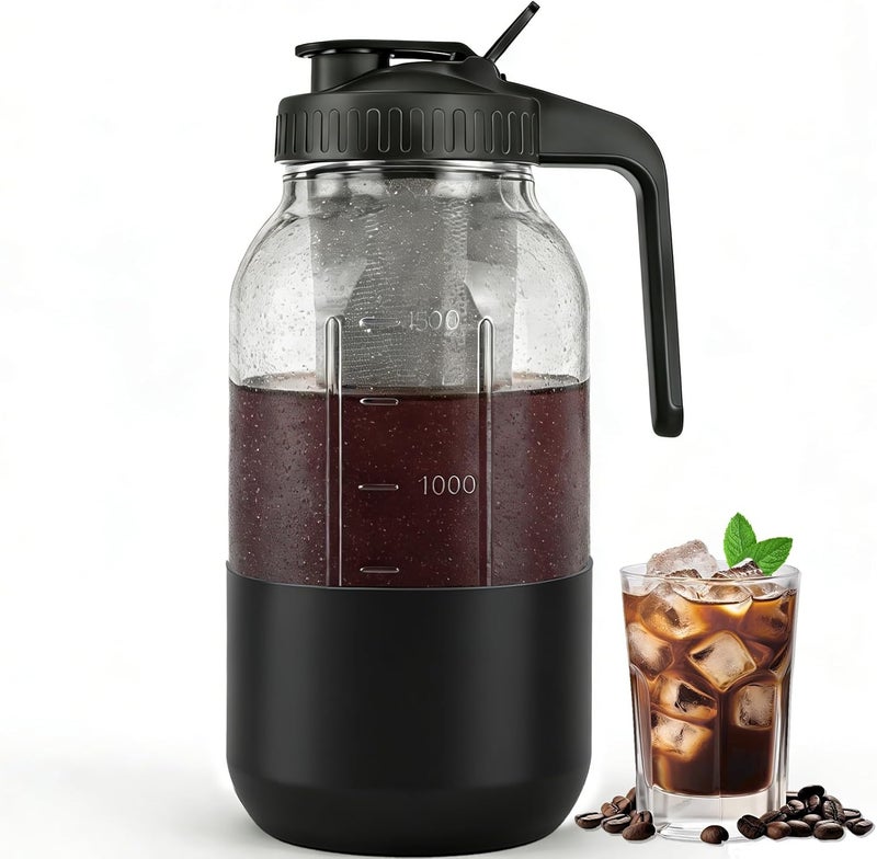 QHH Cold Brew Coffee Maker,Mason Jar Pitcher with Stainless Steel Filter, Pour Spout Handle Lid, Heavy Duty Glass Airtight & Leak-Proof for Iced Coffee Tea (64oz Black with Protective Silicone Sleeve) - Image 1