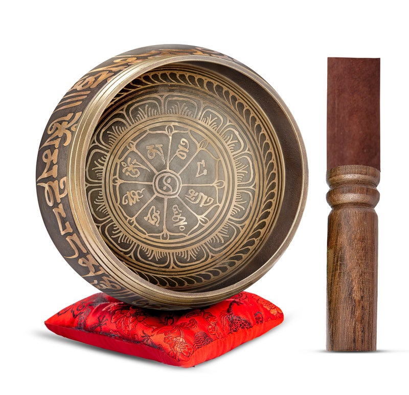HIMALAYAN BAZAAR Tibetan Singing Bowl Set Authentic â€“ Handmade in Nepal Sound & Meditation Bowl â€“ Spiritual Decor for Yoga, Wellness Spaces & Relaxation by Himalayan Bazaar (Brown & Red) - Image 1