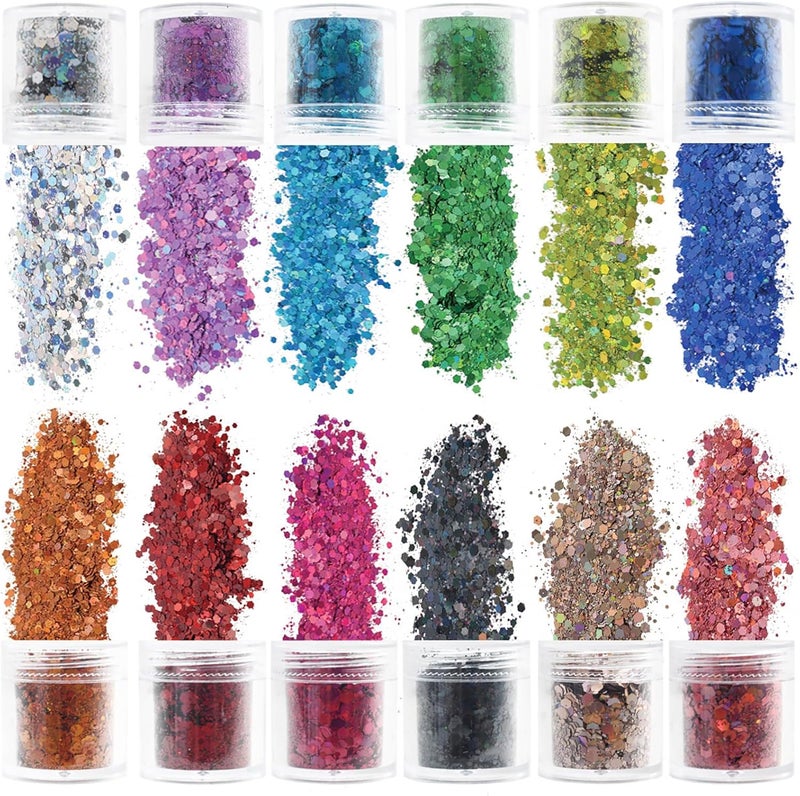 RoseFlower Holographic Chunky Glitter, 12 Colors Flakes Dreams Powder Festival Cosmetic, Body Face Eye Hair Nail & Eyeshadow, Decoration Perfect for Halloween, Resin, Slime, Tumbler, Craft, Makeup