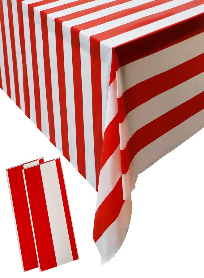 peony man 2 Pieces Red and White Striped Tablecloth Plastic Stripe Table Cover Carnival Circus Tablecloths Waterproof Rectangle Tablecloth for Holiday Party Picnic Decoration, 54" x 107" - Image 1