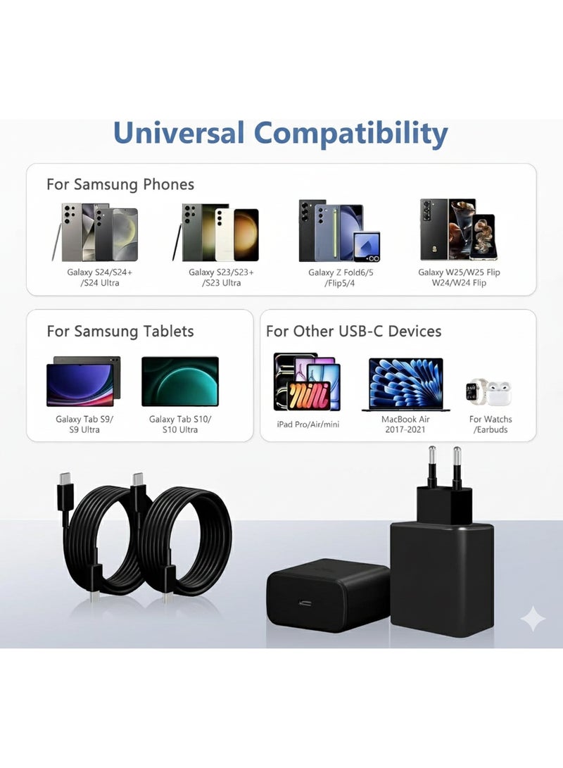2 Pack 45W Ultra Fast Charger compatible with Samsung Galaxy S25/S25+/S25 Ultra/S24/S24 Ultra/S23/S23 Ultra/S22/S21/S20/A55/A54/A15/A14, USB-C Plug with 6ft USB Type-C Charging Cable - Image 4