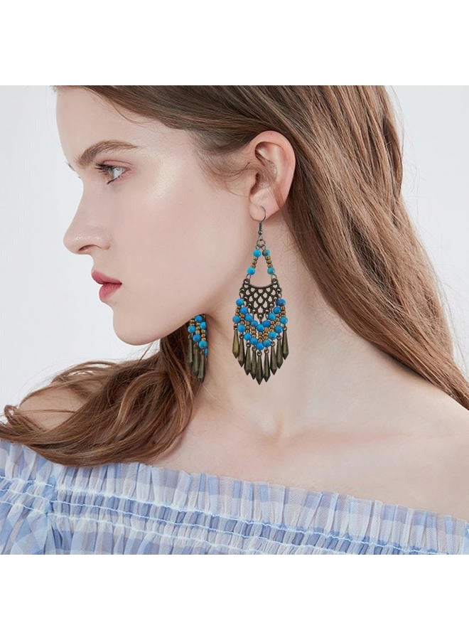 KVANU Handmade Vintage Bronze Bohemian Long Tassel Colorful Bead Dangle Drop Earrings Big Tribal Chandelier Geometry Hook Earrings for Women Statement Jewelry Gifts, 100mm/3.93inch*30mm/1.18inch - Image 5