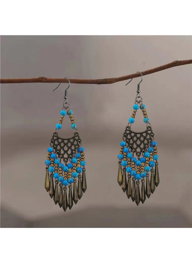 KVANU Handmade Vintage Bronze Bohemian Long Tassel Colorful Bead Dangle Drop Earrings Big Tribal Chandelier Geometry Hook Earrings for Women Statement Jewelry Gifts, 100mm/3.93inch*30mm/1.18inch - Image 3