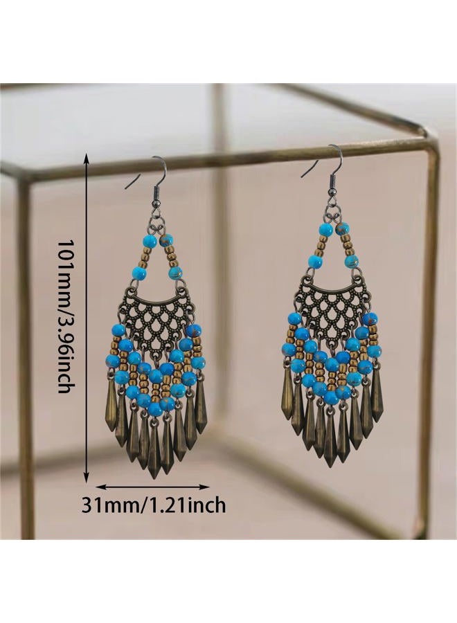 KVANU Handmade Vintage Bronze Bohemian Long Tassel Colorful Bead Dangle Drop Earrings Big Tribal Chandelier Geometry Hook Earrings for Women Statement Jewelry Gifts, 100mm/3.93inch*30mm/1.18inch - Image 2